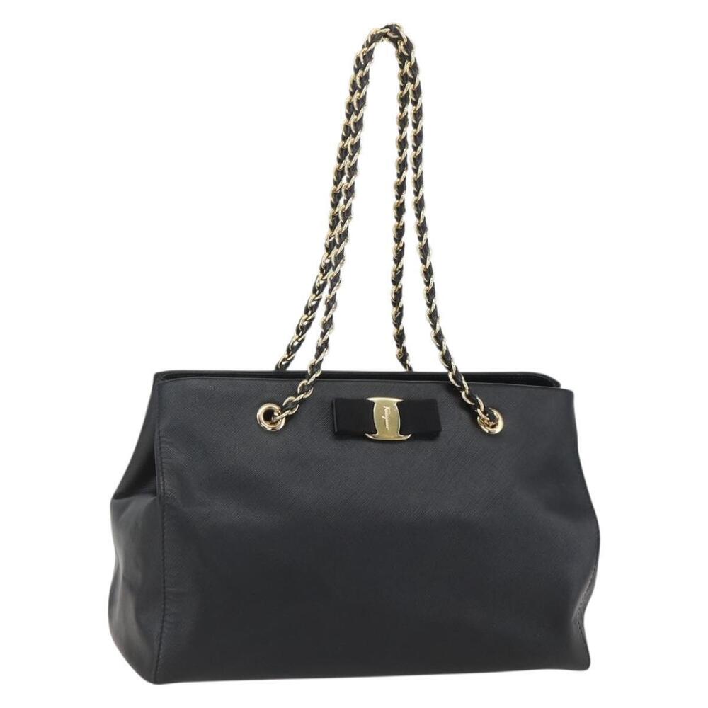 Salvatore Ferragamo Chain Vala Shoulder Bag Leather Black Gold Auth 159349